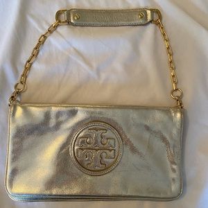 Tory Burch Metallic Gold Leather Reva Chain Clutch